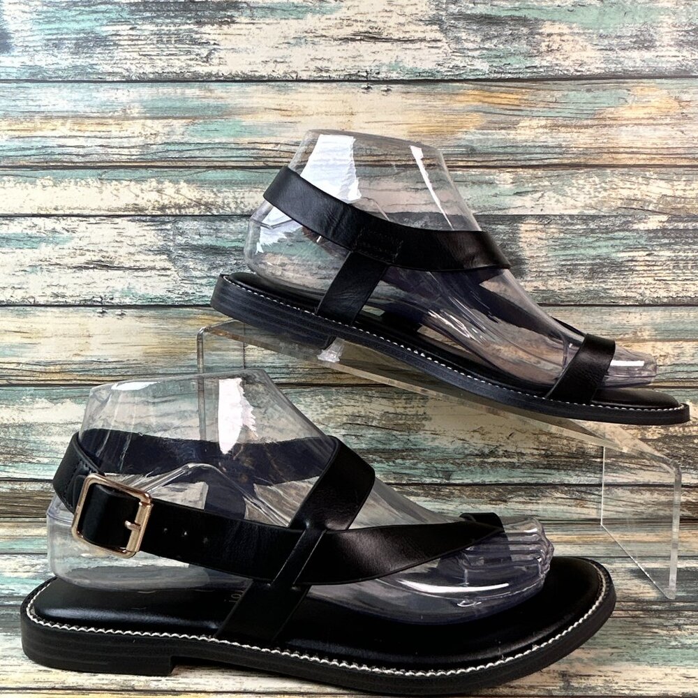 Joie Toe Ring Thong Sandals Womens Size 6.5 Black Faux Leather Buckle Strap Flat